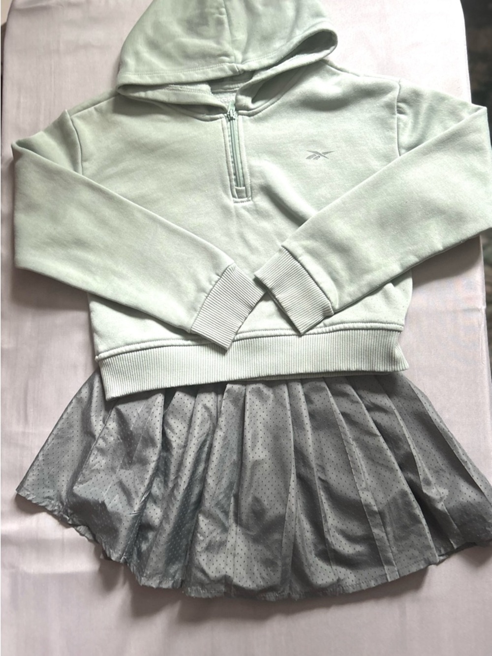 Reebok Girls 2-Piece Mint Green Quarter Zip Hoodie & Silver/Gray Pleated Skort M